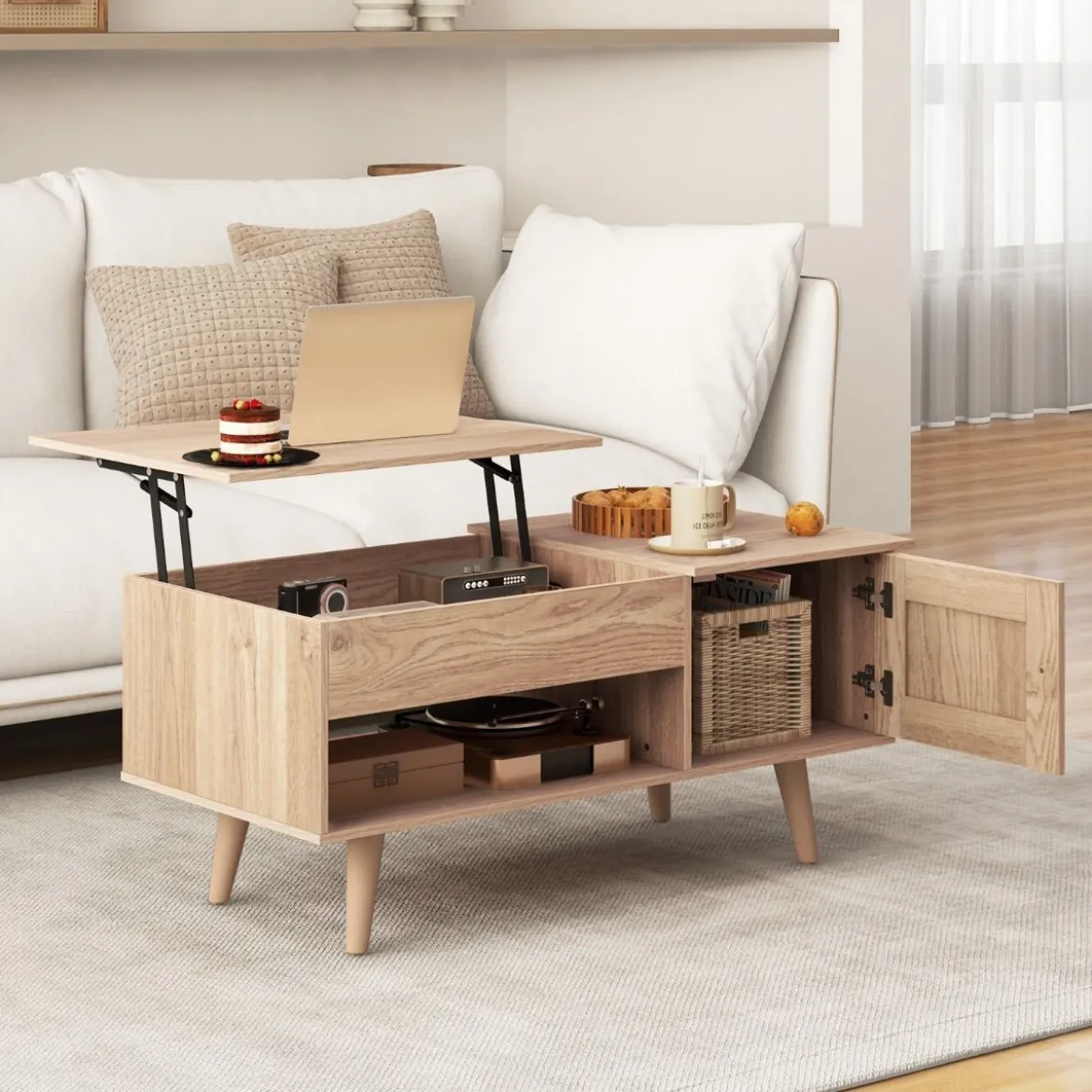 Couchtisch höhenverstellbar Wohnzimmertisch Beistelltisch mit verstecktem Fach 100 x 50 x 46/60 cm Braun/Natur