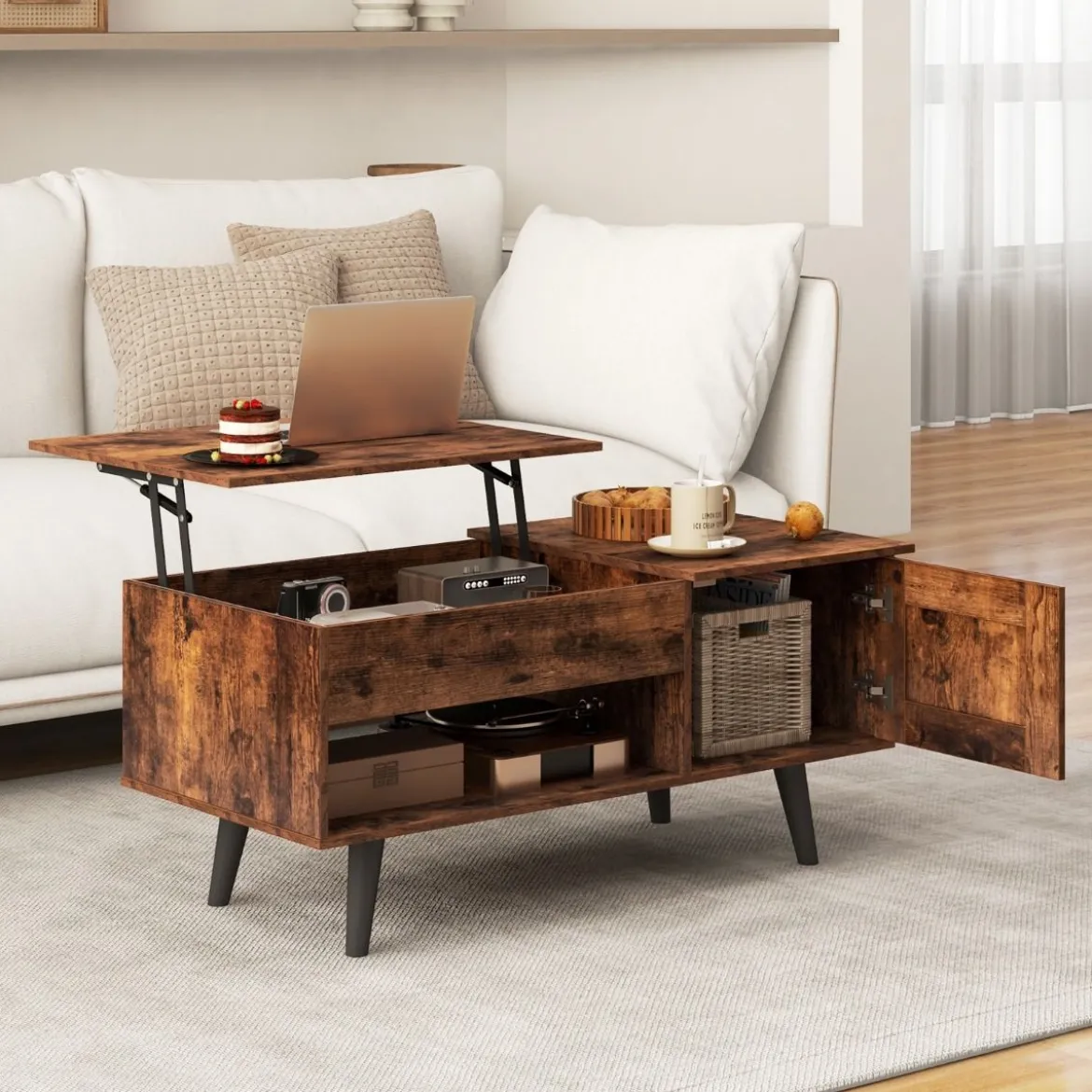 Couchtisch höhenverstellbar Wohnzimmertisch Beistelltisch mit verstecktem Fach 100 x 50 x 46/60 cm Braun/Natur