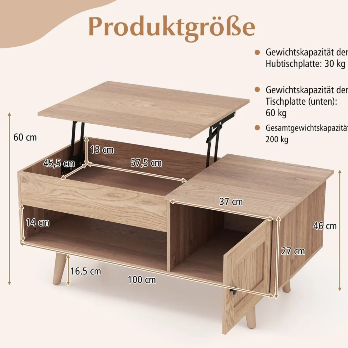 Couchtisch höhenverstellbar Wohnzimmertisch Beistelltisch mit verstecktem Fach 100 x 50 x 46/60 cm Braun/Natur