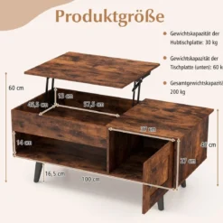 Couchtisch höhenverstellbar Wohnzimmertisch Beistelltisch mit verstecktem Fach 100 x 50 x 46/60 cm Braun/Natur