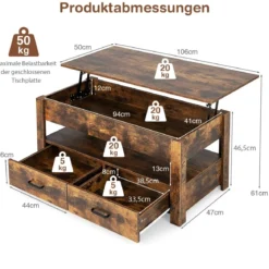 Couchtisch höhenverstellbar mit Schubladen Kafeetisch aus Holz 106 x 50 x 48 cm Braun
