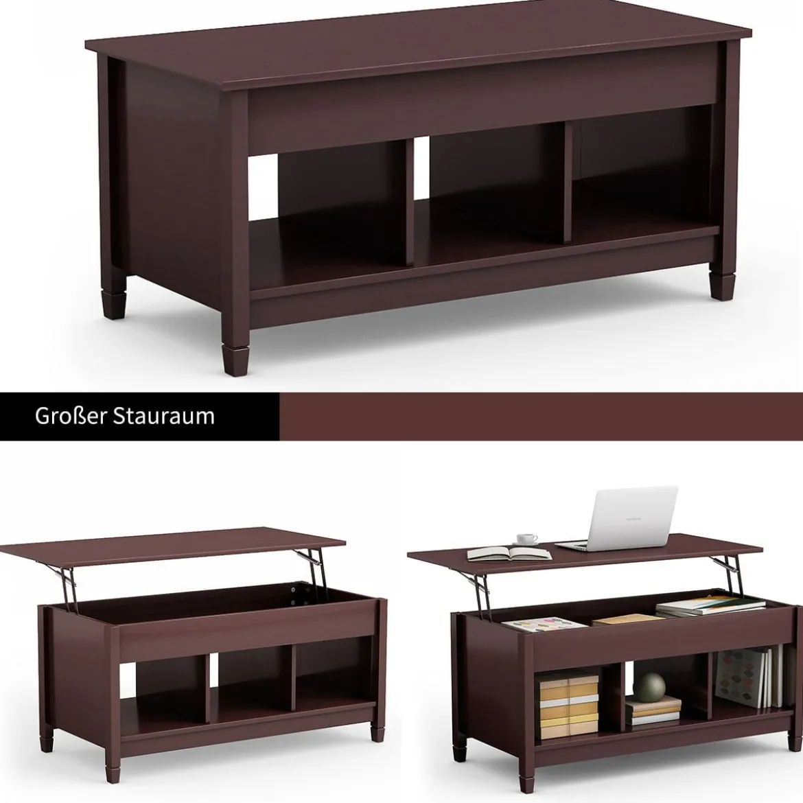 Couchtisch höhenverstellbar Hölzerner Sofatisch mit hebeplatte Stauraum 104,5 x 49 x 48-62,5 cm Dunkelbraun