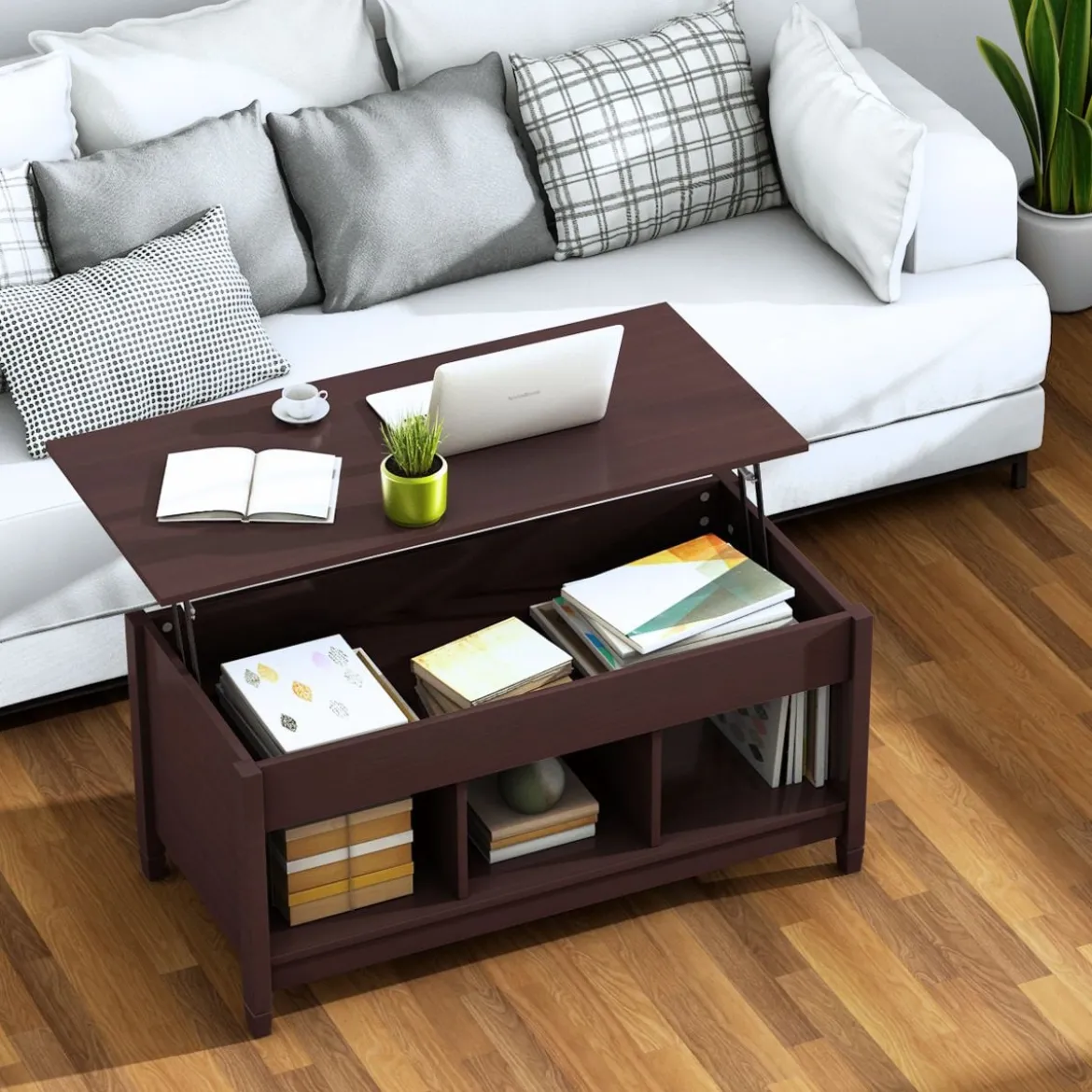 Couchtisch höhenverstellbar Hölzerner Sofatisch mit hebeplatte Stauraum 104,5 x 49 x 48-62,5 cm Dunkelbraun