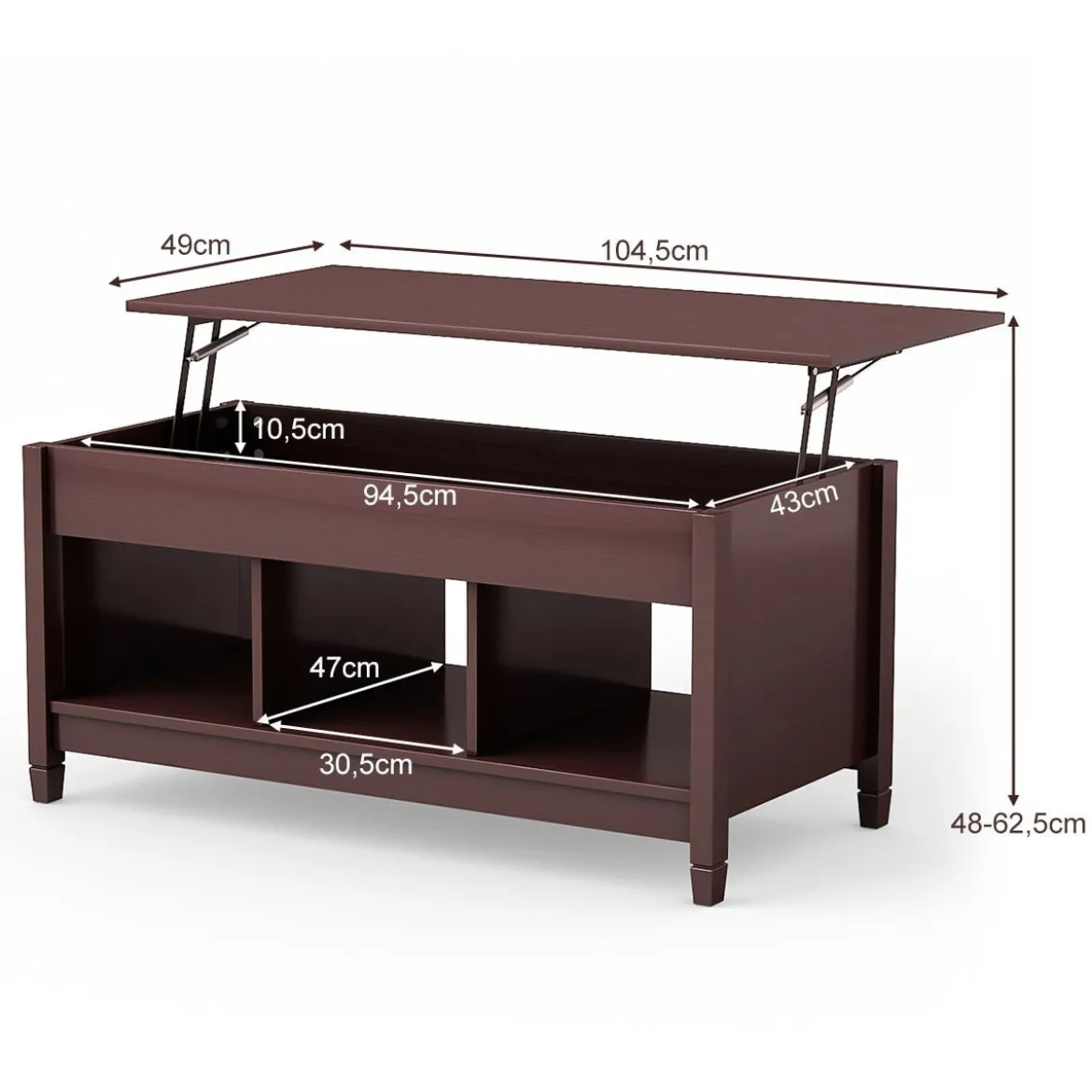 Couchtisch höhenverstellbar Hölzerner Sofatisch mit hebeplatte Stauraum 104,5 x 49 x 48-62,5 cm Dunkelbraun