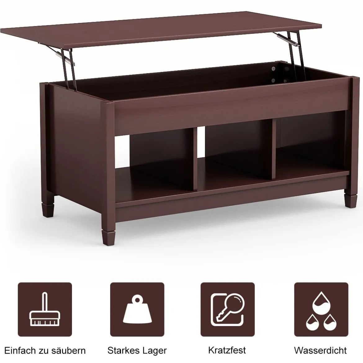 Couchtisch höhenverstellbar Hölzerner Sofatisch mit hebeplatte Stauraum 104,5 x 49 x 48-62,5 cm Dunkelbraun