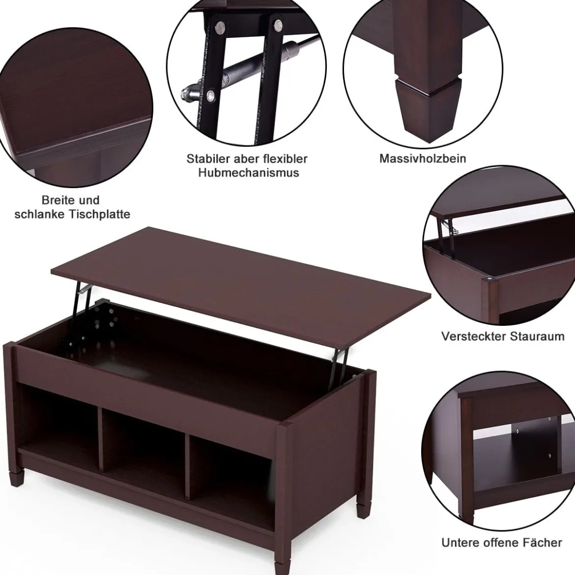 Couchtisch höhenverstellbar Hölzerner Sofatisch mit hebeplatte Stauraum 104,5 x 49 x 48-62,5 cm Dunkelbraun