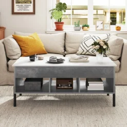 Couchtisch höhenverstellbar Kaffeetisch mit anhebbarer Tischplatte 3 offenen Fachen Grau 100 x 50 x 45/59 cm