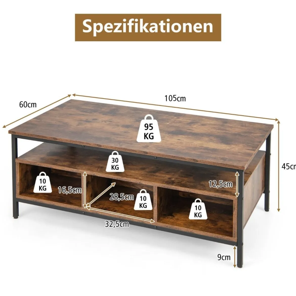 Couchtisch Holz 3 Ebenen Wohnzimmertisch mit offenem Regal 105 x 60 x 45 cm im Industriestil