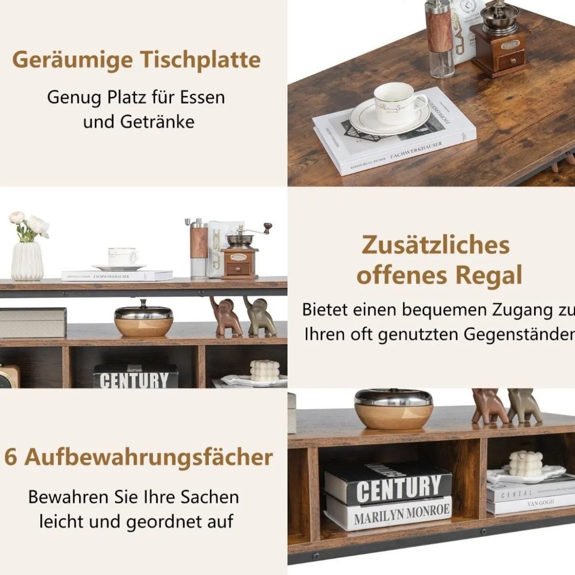 Couchtisch Holz 3 Ebenen Wohnzimmertisch mit offenem Regal 105 x 60 x 45 cm im Industriestil