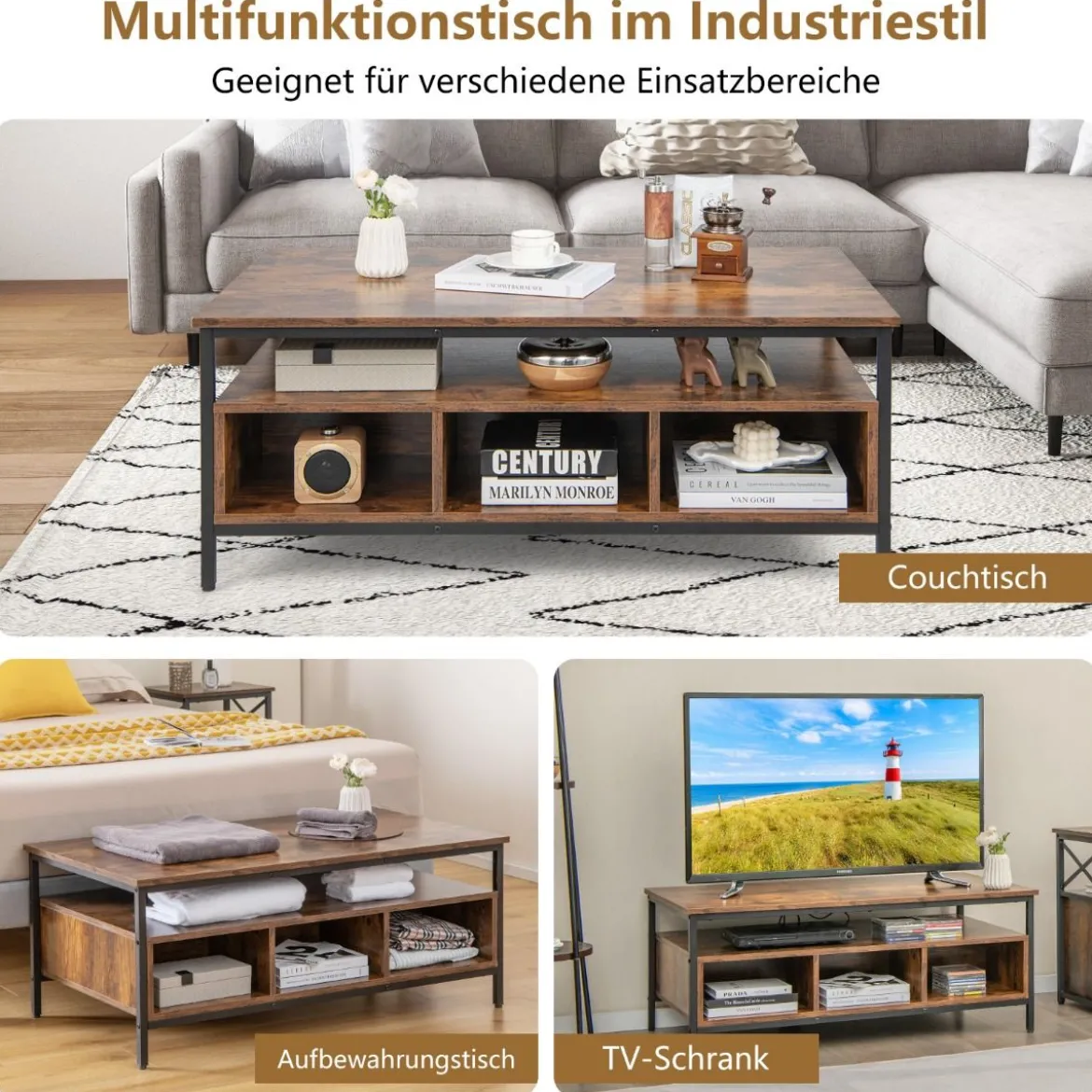 Couchtisch Holz 3 Ebenen Wohnzimmertisch mit offenem Regal 105 x 60 x 45 cm im Industriestil