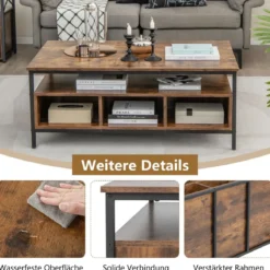 Couchtisch Holz 3 Ebenen Wohnzimmertisch mit offenem Regal 105 x 60 x 45 cm im Industriestil