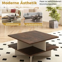 Couchtisch Holz Quadratischer Wohnzimmertisch mit 4 Ablagefächern Rustikales Braun und Weiß