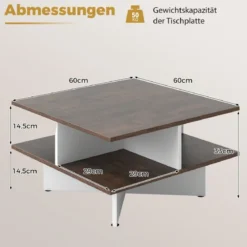 Couchtisch Holz Quadratischer Wohnzimmertisch mit 4 Ablagefächern Rustikales Braun und Weiß