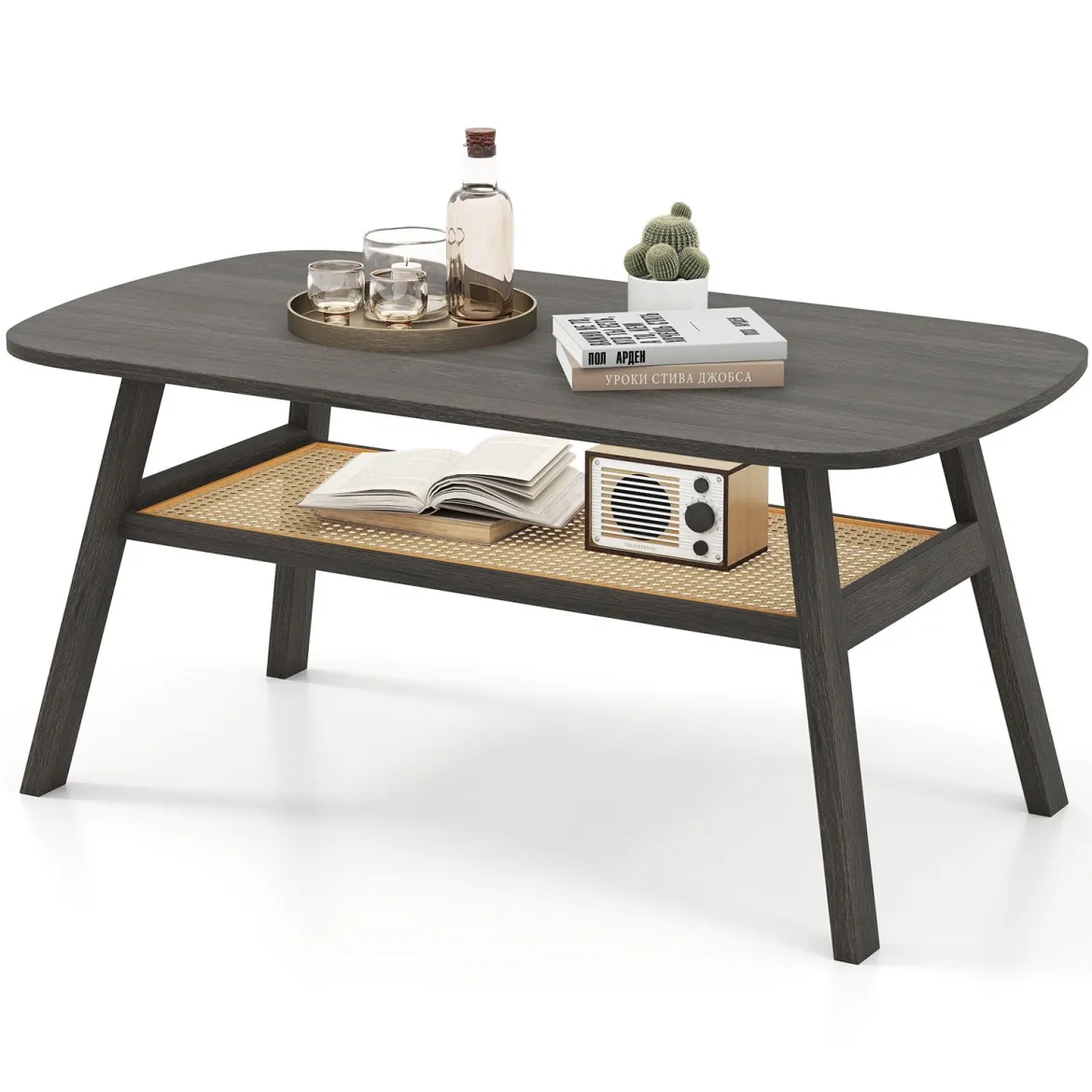 Couchtisch Holz Wohnzimmertisch mit Rattan-Ablage Beistelltisch 2 Ebenen Kaffeetisch rustikal 100 x 55 x 44,5 cm
