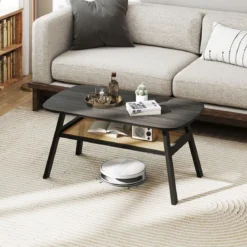Couchtisch Holz Wohnzimmertisch mit Rattan-Ablage Beistelltisch 2 Ebenen Kaffeetisch rustikal 100 x 55 x 44,5 cm