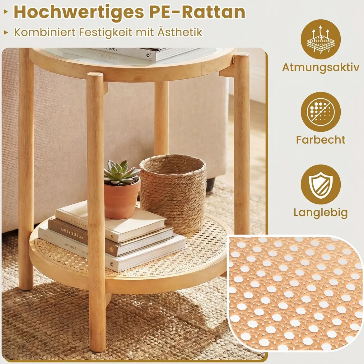 Couchtisch im Boho Stil mit Glasplatte & Rattanablage Beistelltisch 47,5 x 47,5 x 58 cm Natur