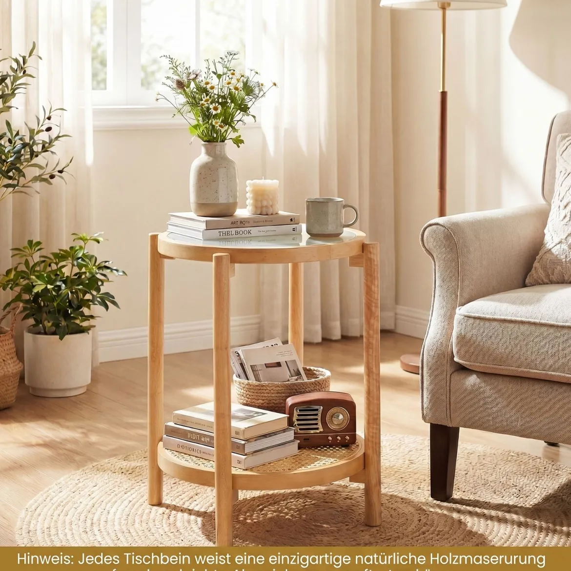 Couchtisch im Boho Stil mit Glasplatte & Rattanablage Beistelltisch 47,5 x 47,5 x 58 cm Natur