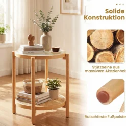 Couchtisch im Boho Stil mit Glasplatte & Rattanablage Beistelltisch 47,5 x 47,5 x 58 cm Natur