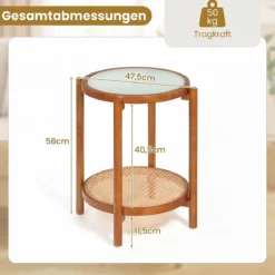 Couchtisch im Boho Stil mit Glasplatte & Rattanablage Beistelltisch 47,5 x 47,5 x 58 cm Walnuss