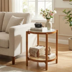 Couchtisch im Boho Stil mit Glasplatte & Rattanablage Beistelltisch 47,5 x 47,5 x 58 cm Walnuss