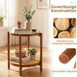 Couchtisch im Boho Stil mit Glasplatte & Rattanablage Beistelltisch 47,5 x 47,5 x 58 cm Walnuss