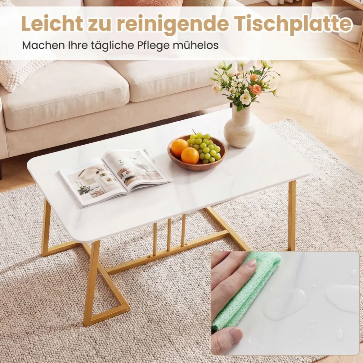 Couchtisch Kunstmarmor 90 cm Metallrahmen Rutschfest Modern Beistelltisch Weiß Gold