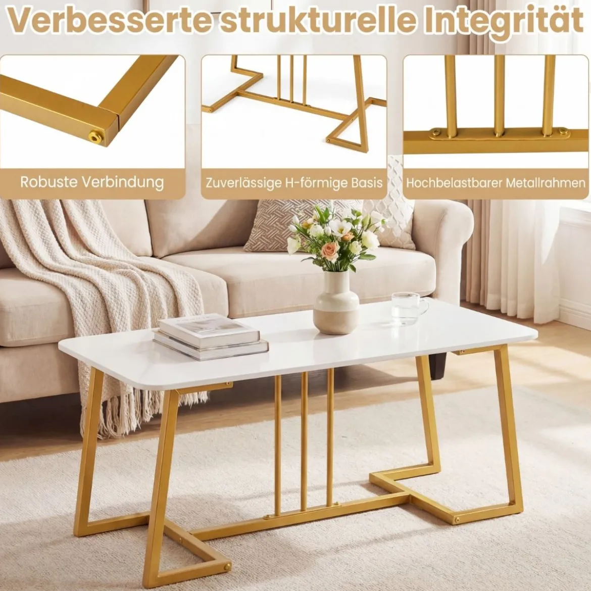 Couchtisch Kunstmarmor 90 cm Metallrahmen Rutschfest Modern Beistelltisch Weiß Gold