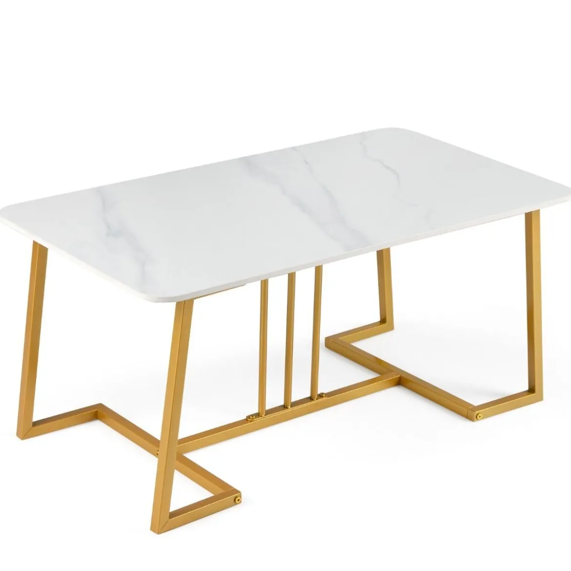 Couchtisch Kunstmarmor 90 cm Metallrahmen Rutschfest Modern Beistelltisch Weiß Gold