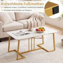 Couchtisch Kunstmarmor 90 cm Metallrahmen Rutschfest Modern Beistelltisch Weiß Gold
