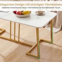Couchtisch Kunstmarmor 90 cm Metallrahmen Rutschfest Modern Beistelltisch Weiß Gold