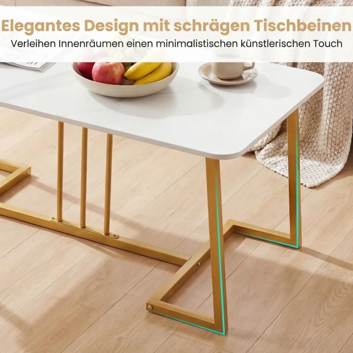 Couchtisch Kunstmarmor 90 cm Metallrahmen Rutschfest Modern Beistelltisch Weiß Gold