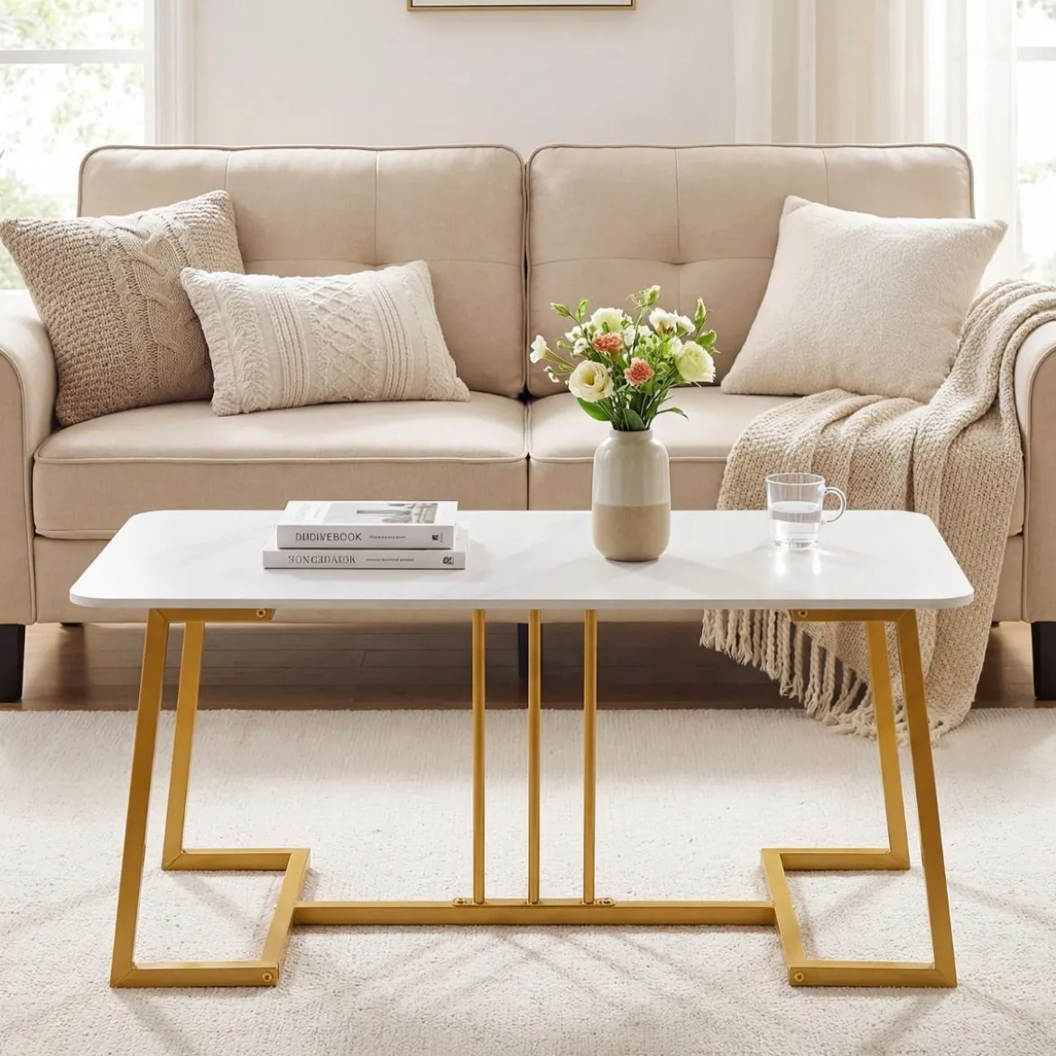Couchtisch Kunstmarmor 90 cm Metallrahmen Rutschfest Modern Beistelltisch Weiß Gold