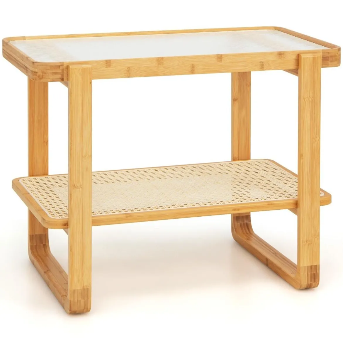 Couchtisch mit Abnehmbarer Glasplatte & Rattanablage Kaffeetisch mit Gestell aus Bambus