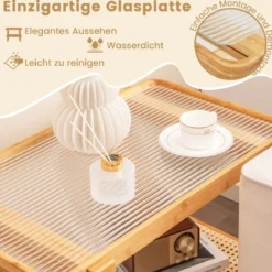 Couchtisch mit Abnehmbarer Glasplatte & Rattanablage Kaffeetisch mit Gestell aus Bambus