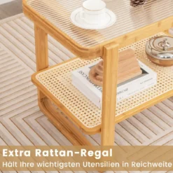 Couchtisch mit Abnehmbarer Glasplatte & Rattanablage Kaffeetisch mit Gestell aus Bambus