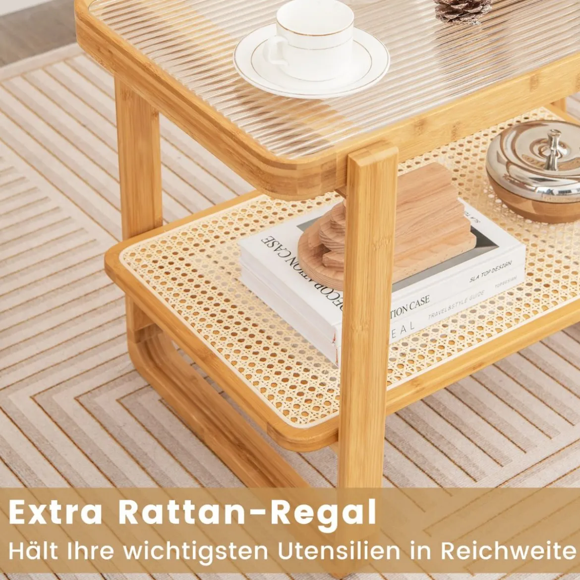 Couchtisch mit Abnehmbarer Glasplatte & Rattanablage Kaffeetisch mit Gestell aus Bambus