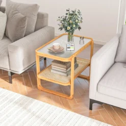 Couchtisch mit Abnehmbarer Glasplatte & Rattanablage Kaffeetisch mit Gestell aus Bambus