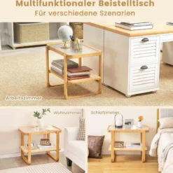 Couchtisch mit Abnehmbarer Glasplatte & Rattanablage Kaffeetisch mit Gestell aus Bambus