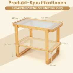 Couchtisch mit Abnehmbarer Glasplatte & Rattanablage Kaffeetisch mit Gestell aus Bambus