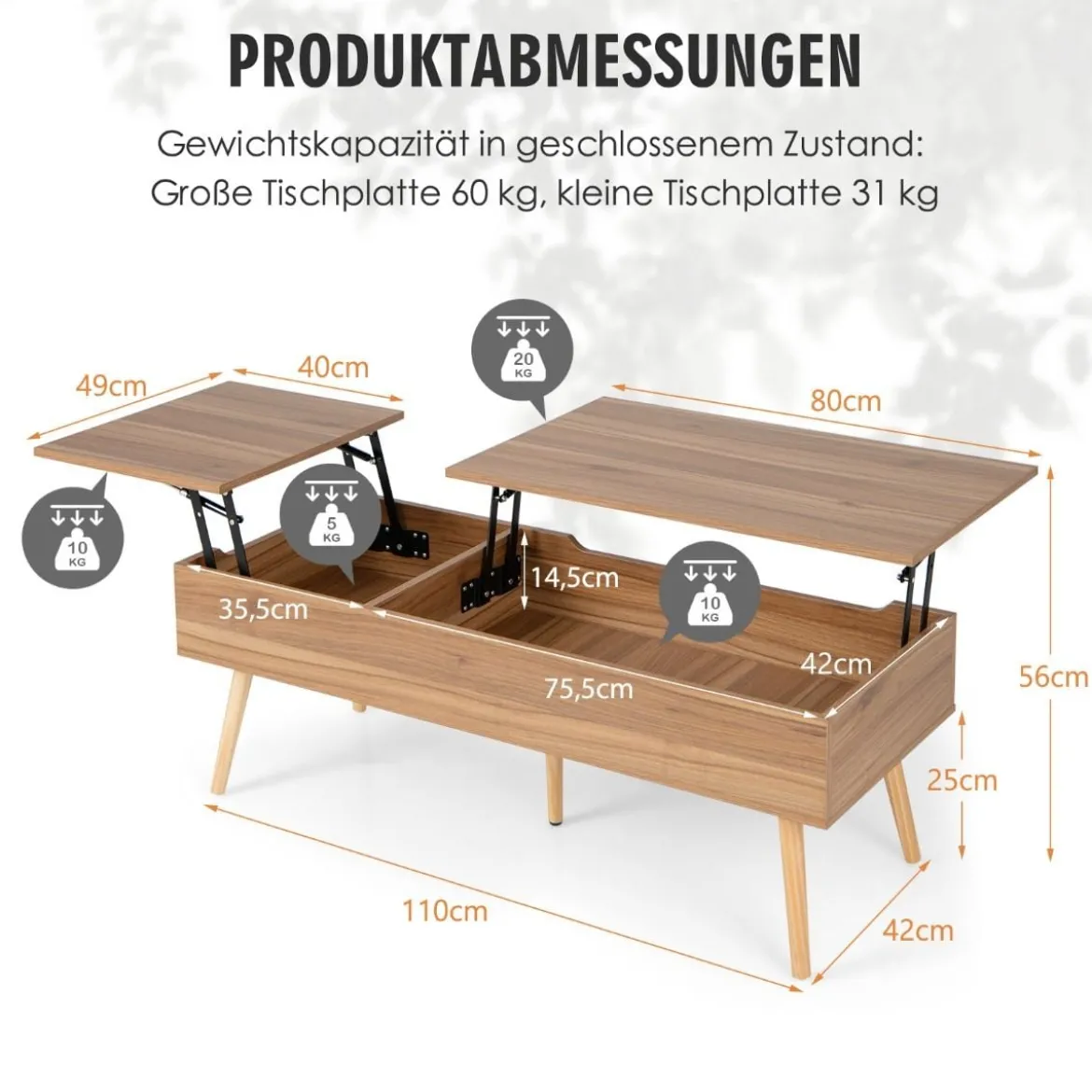 Couchtisch mit Anhebbarer Tischplatte Sofatisch mit Pneumatischen Stangen 120 x 49 x 42 cm Braun 5-Bein-Unterstützung