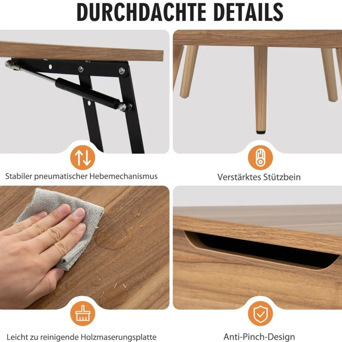 Couchtisch mit Anhebbarer Tischplatte Sofatisch mit Pneumatischen Stangen 120 x 49 x 42 cm Braun 5-Bein-Unterstützung