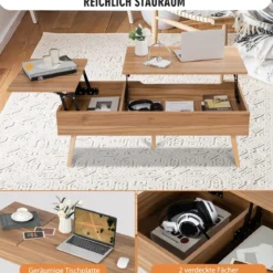 Couchtisch mit Anhebbarer Tischplatte Sofatisch mit Pneumatischen Stangen 120 x 49 x 42 cm Braun 5-Bein-Unterstützung