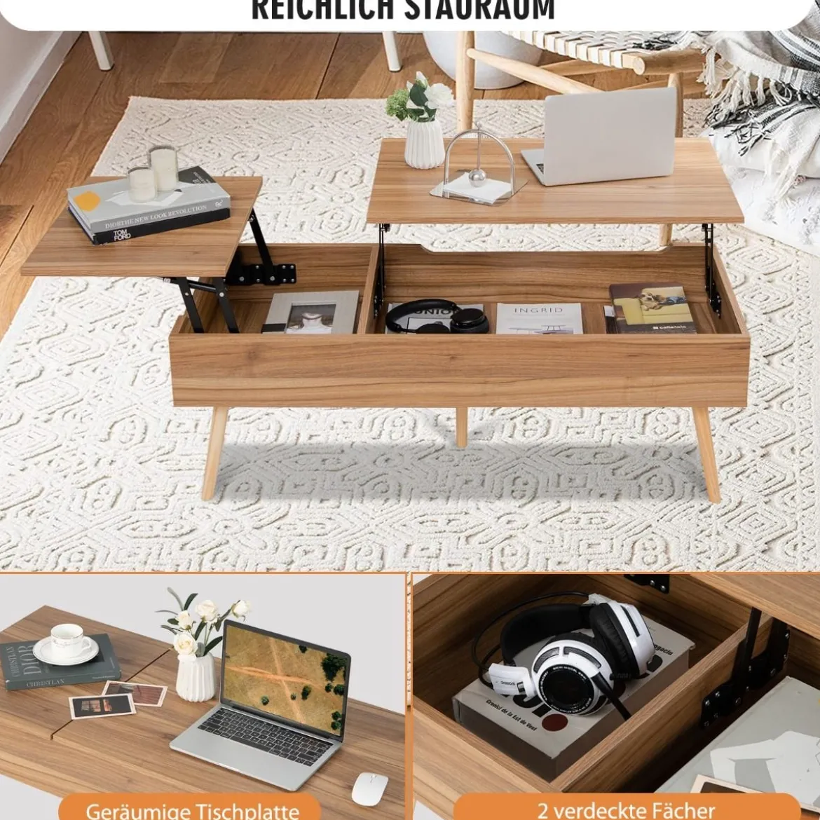 Couchtisch mit Anhebbarer Tischplatte Sofatisch mit Pneumatischen Stangen 120 x 49 x 42 cm Braun 5-Bein-Unterstützung