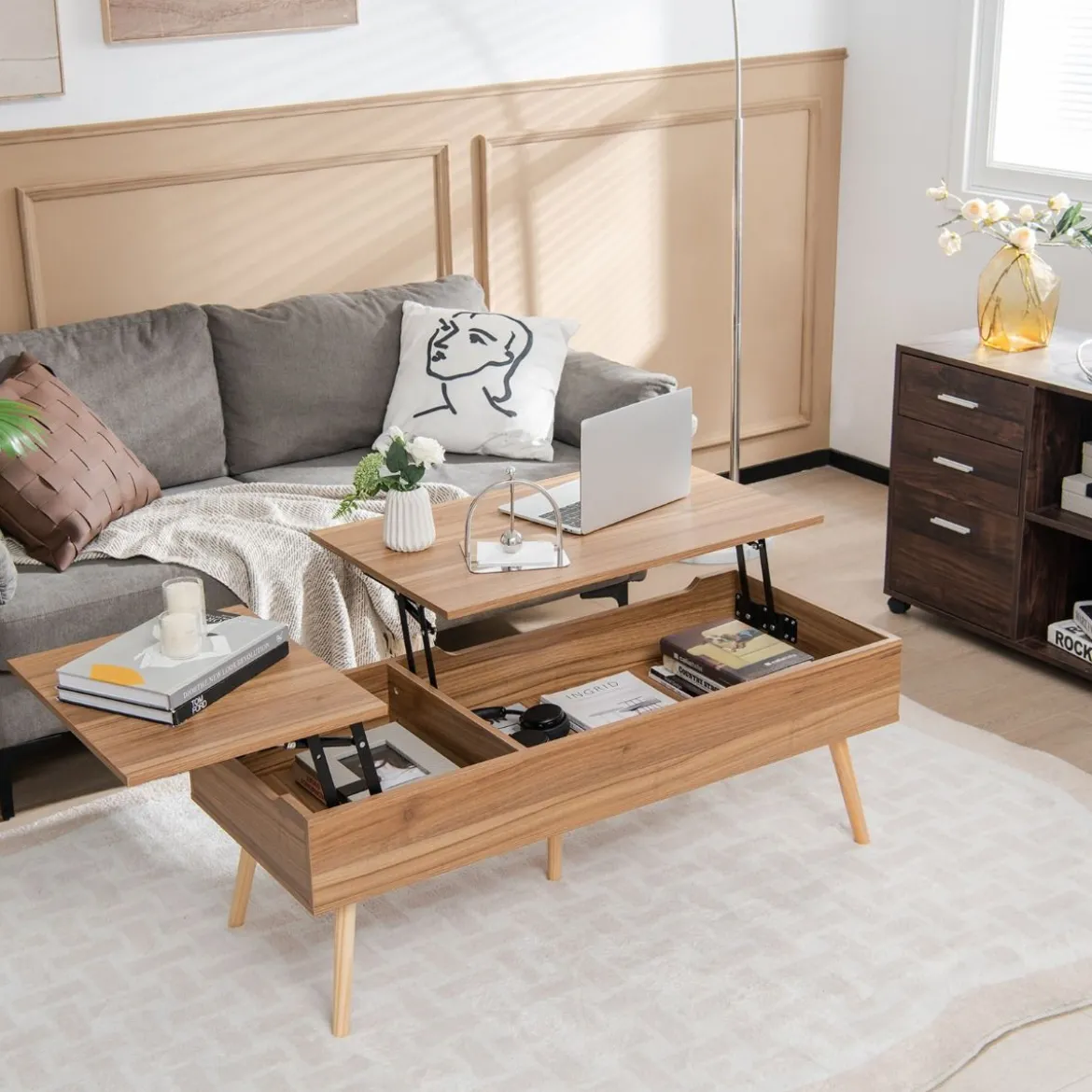 Couchtisch mit Anhebbarer Tischplatte Sofatisch mit Pneumatischen Stangen 120 x 49 x 42 cm Braun 5-Bein-Unterstützung