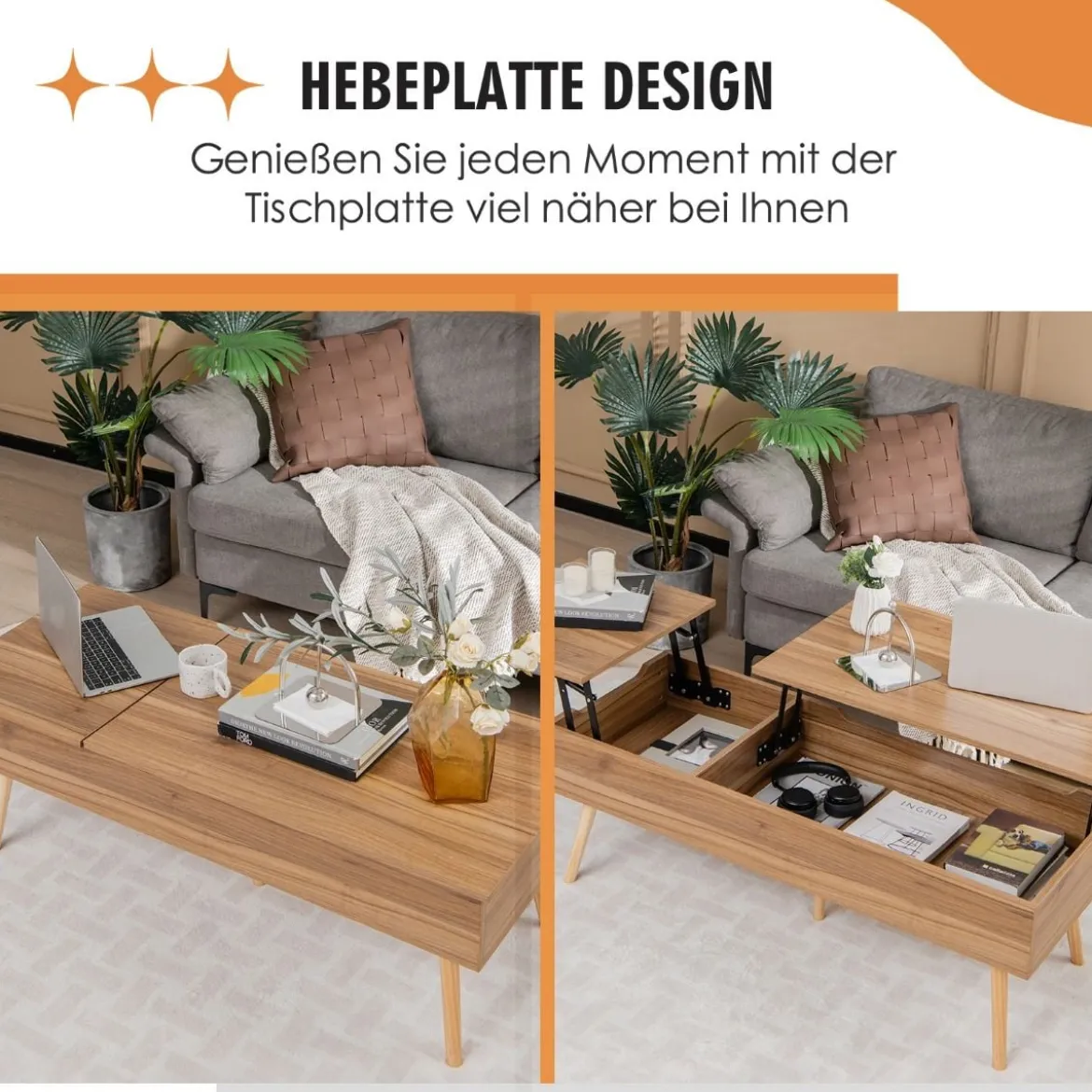 Couchtisch mit Anhebbarer Tischplatte Sofatisch mit Pneumatischen Stangen 120 x 49 x 42 cm Braun 5-Bein-Unterstützung