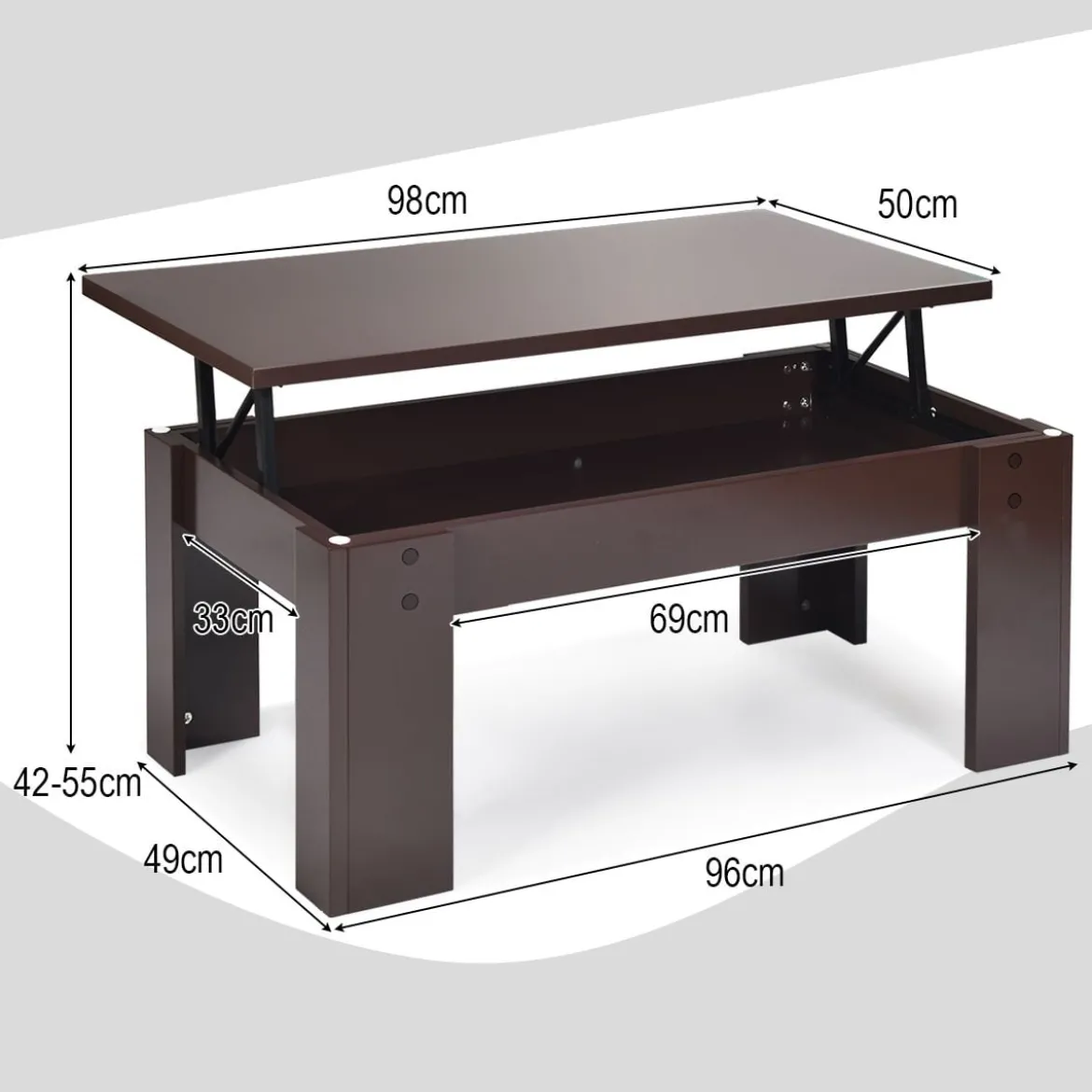 Couchtisch mit erhöhter Tischplatte Cocktailtisch mit Hubtischplatte 98 x 50 x 42 - 55 cm Braun