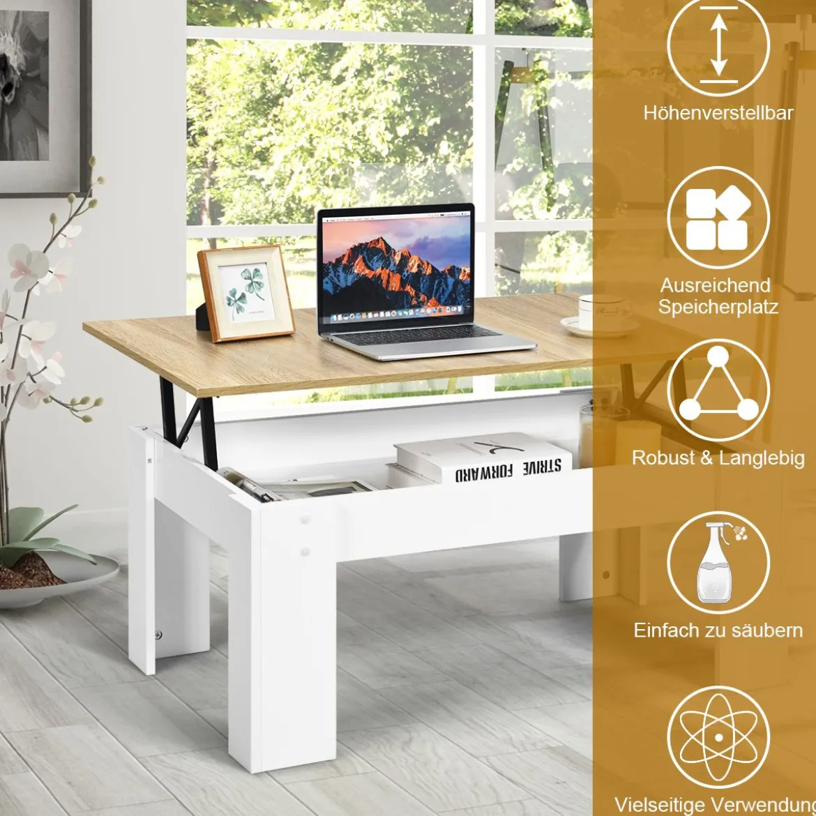 Couchtisch mit erhöhter Tischplatte Cocktailtisch für Wohnzimmer 98 x 50 x 42 - 55 cm Weiß + Natur
