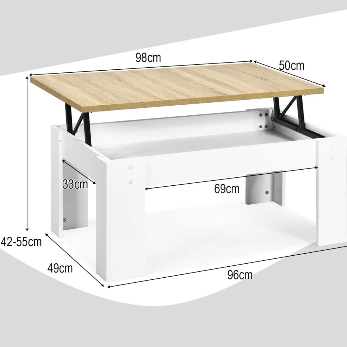 Couchtisch mit erhöhter Tischplatte Cocktailtisch für Wohnzimmer 98 x 50 x 42 - 55 cm Weiß + Natur