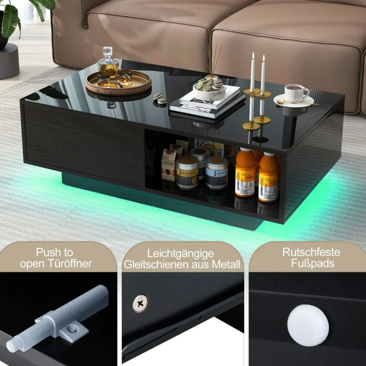 Couchtisch mit 20 Farben LED-Lichtern und Fernbedienung 95 x 55 x 31 cm Weiß/Schwarz