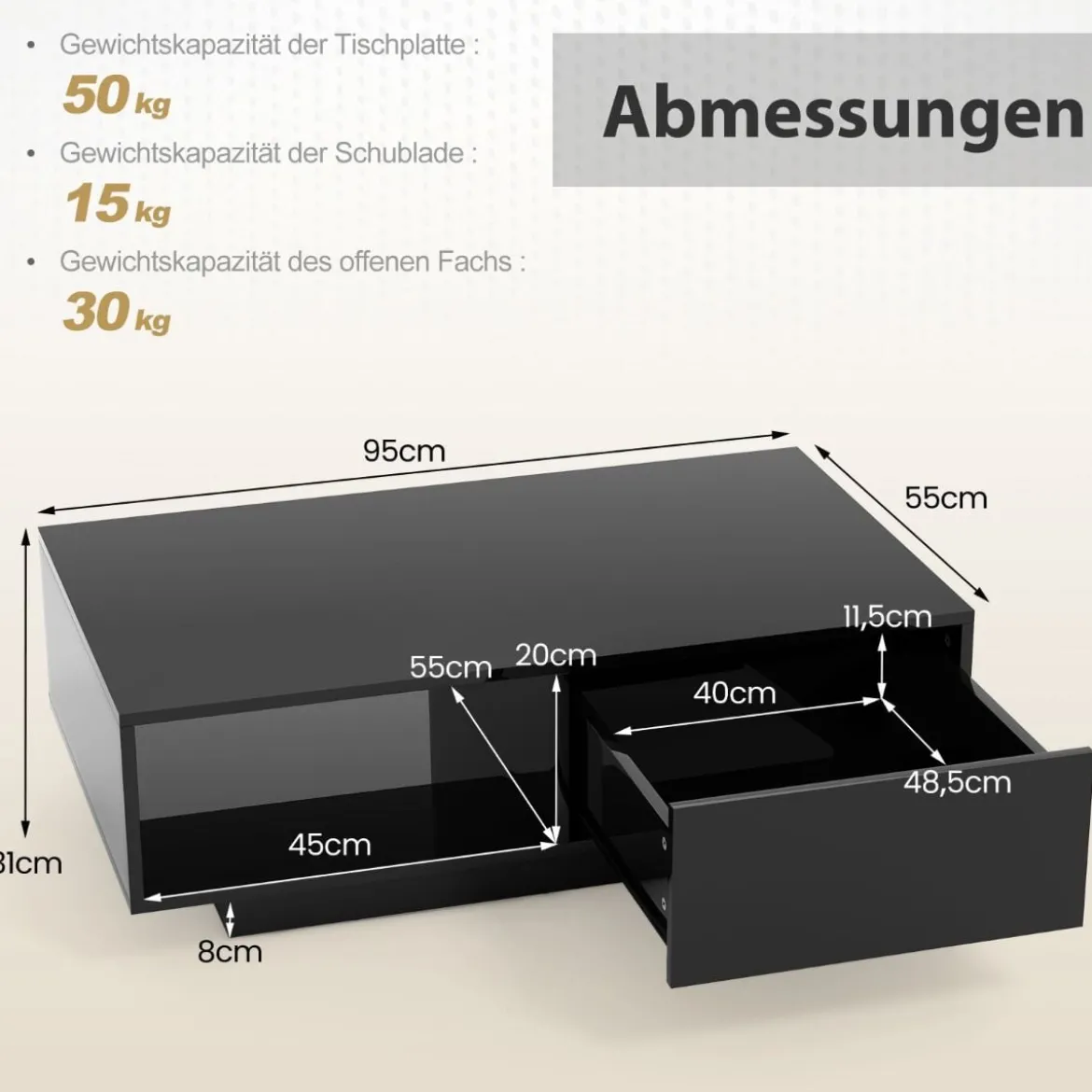 Couchtisch mit 20 Farben LED-Lichtern und Fernbedienung 95 x 55 x 31 cm Weiß/Schwarz
